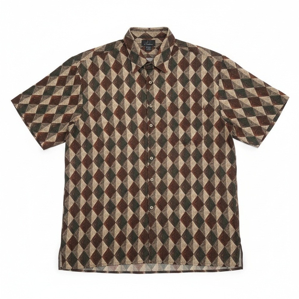 J Ferrar Mens 2XLT Rayon Short Sleeve Button Down Diamond Geometric Print Shirt